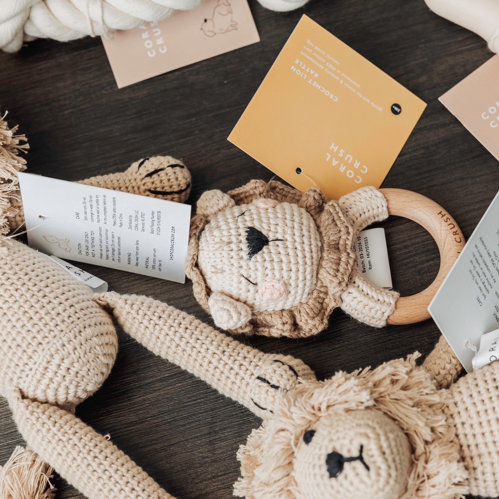 Crochet Lion Rattle | Handmade Cotton Baby Toy with Wood Ring